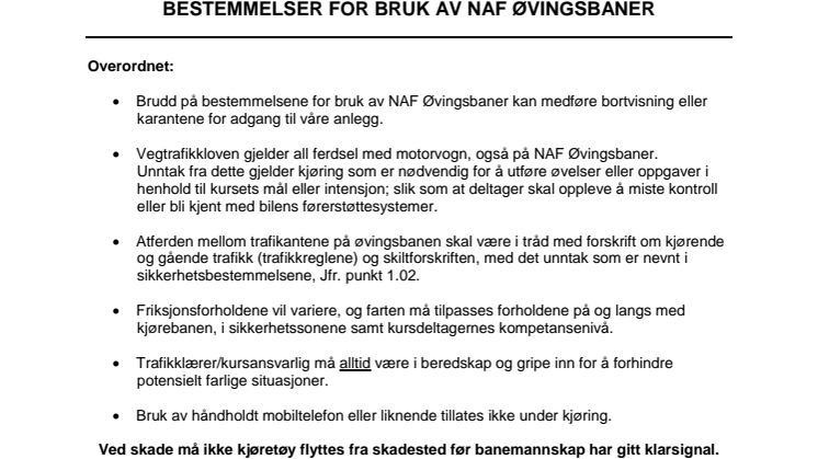 Bestemmelser for bruk av NAF øvingsbaner