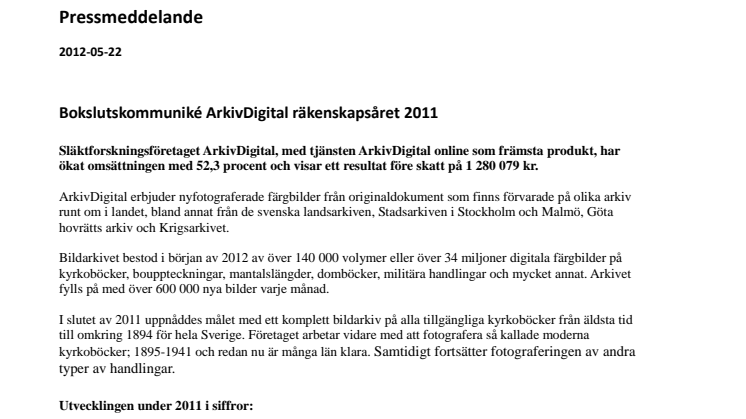 Bokslutskommuniké ArkivDigital räkenskapsåret 2011