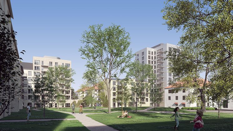 Ca 70 bostadsrätter kan bli möjliga i Östermalms Park (här illustrerat av det högre huset till höger i bilden)