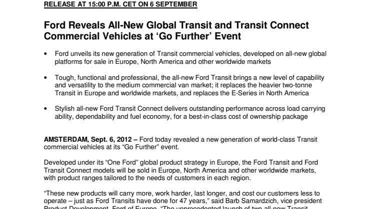 Ford Reveals All-New Global Transit and Transit Connect Commercial Vehicles at ‘Go Further’ Event