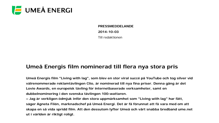 Umeå Energis film nominerad till flera nya stora pris