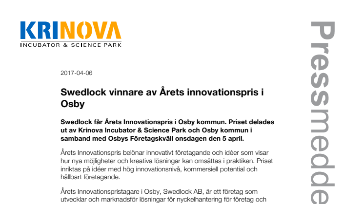 Swedlock vinnare av Årets innovationspris i Osby
