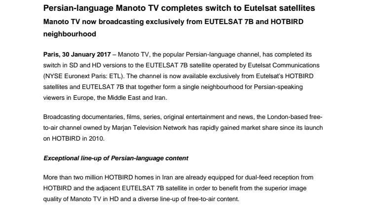 Persian-language Manoto TV completes switch to Eutelsat satellites