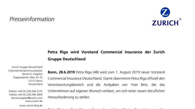 Petra Riga wird Vorstand Commercial Insurance der Zurich Gruppe Deutschland
