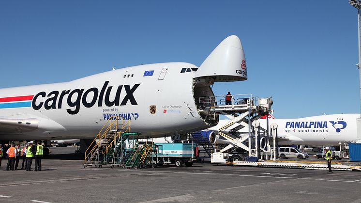 A Cargolux and a Panalpina Boeing 747-8 Freighter are parked at Luxembourg Airport. (Photo by Panalpina)