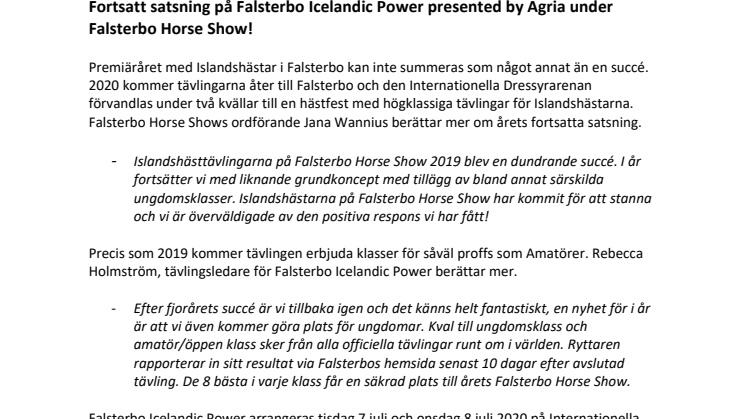 Fortsatt satsning på Falsterbo Icelandic Power presented by Agria under Falsterbo Horse Show!