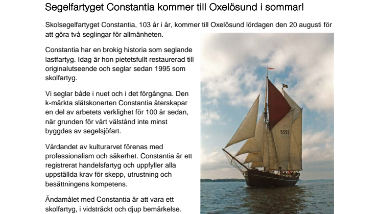 Segelfartyget Constantia kommer till Oxelösund i sommar