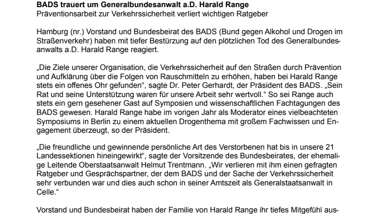  BADS trauert um Generalbundesanwalt a.D. Harald Range