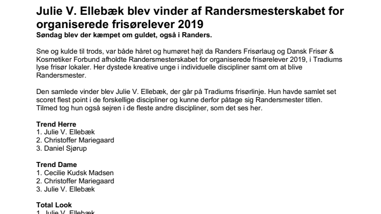 Julie V. Ellebæk blev vinder af Randersmesterskabet for organiserede frisørelever 2019