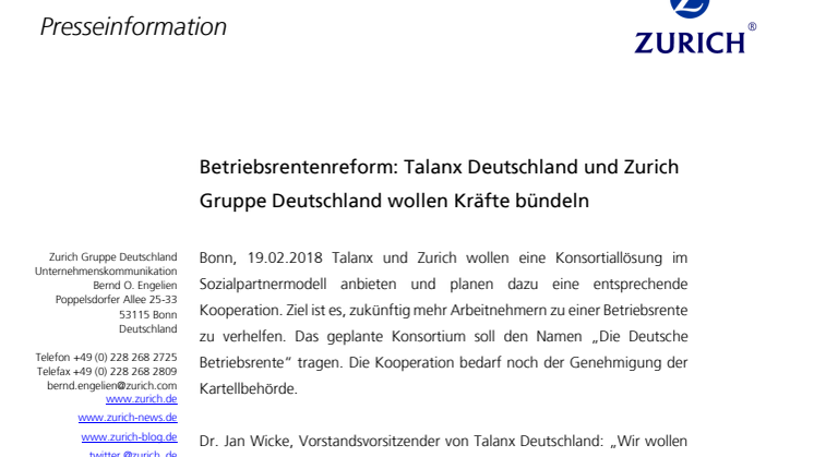 Betriebsrentenreform: Talanx Deutschland und Zurich Gruppe Deutschland wollen Kräfte bündeln