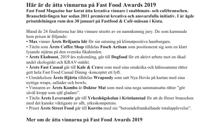 Här är de åtta vinnarna på Fast Food Awards 2019