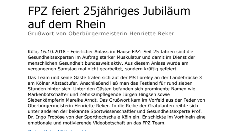 FPZ feiert 25jähriges Jubiläum auf dem Rhein -  Grußwort von Oberbürgermeisterin Henriette Reker 