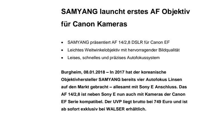 SAMYANG launcht erstes AF Objektiv für Canon Kameras