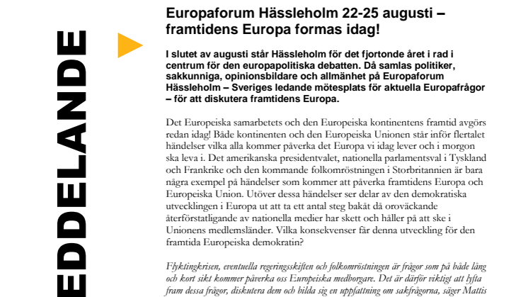 Europaforum Hässleholm 22-25 augusti – framtidens Europa formas idag!