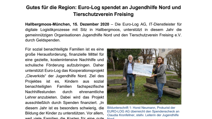 Gutes für die Region: Euro-Log spendet an Jugendhilfe Nord und Tierschutzverein Freising