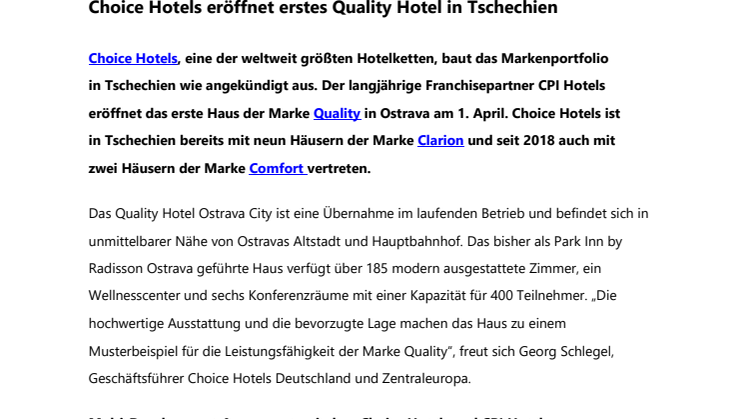 Choice Hotels eröffnet erstes Quality Hotel in Tschechien