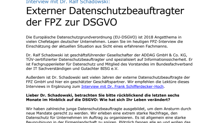Interview mit Dr. Ralf Schadowski:  Externer Datenschutzbeauftragter der FPZ zur DSGVO