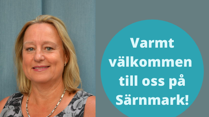 En bild på Inga-Kari Fryklund med en text där det står: Varmt välkommen till oss på Särnmark!