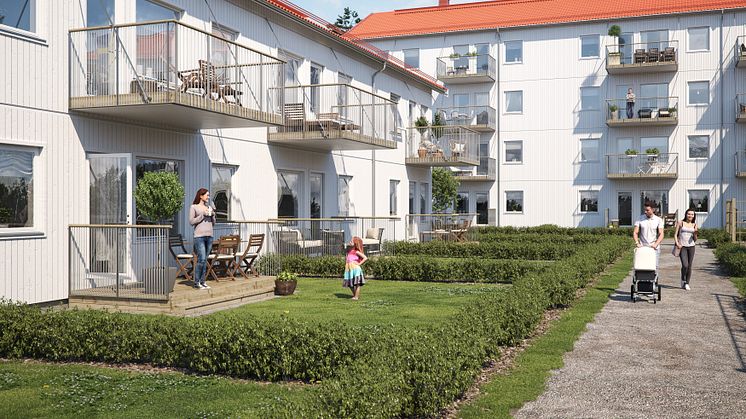 Illustration av trädgårdssida med balkonger & altaner, BoKlok Polarnatten i Gällivare.