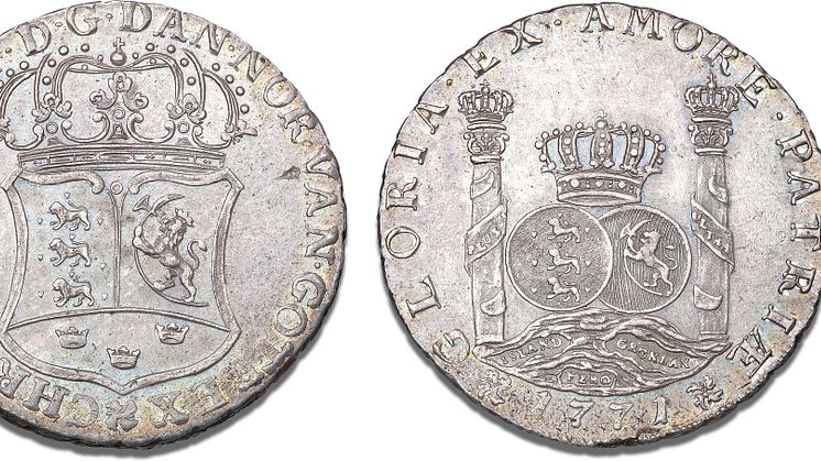 Danmark, piaster 1771, København, H 21, S 6, FP 32, Dav. 411A. Kurt Guldborgs samling. Vurdering: 350.000 kr. 