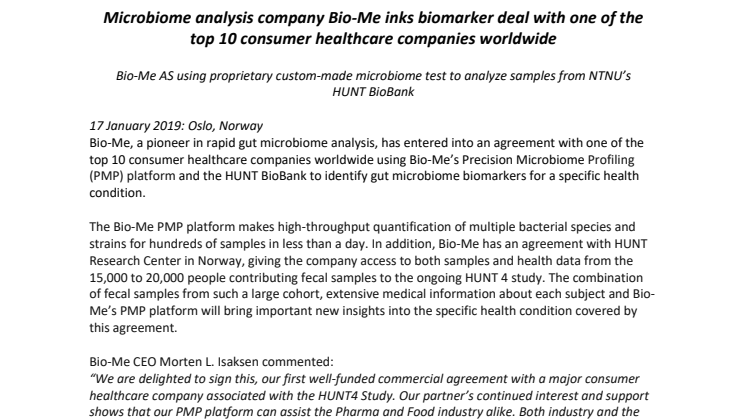 ​Microbiome analysis company Bio-Me inks biomarker deal with one of the top 10 consumer healthcare companies worldwide