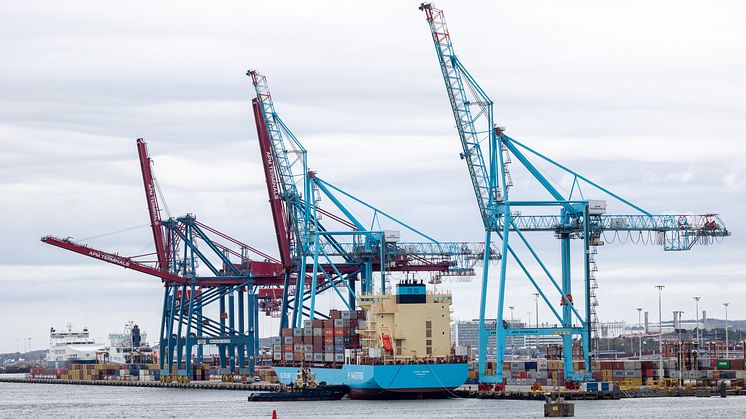 Laura Maersk är världens första metanoldrivna containerfartyg. Nu är hon i Göteborgs hamn. Bild: Göteborgs Hamn AB.