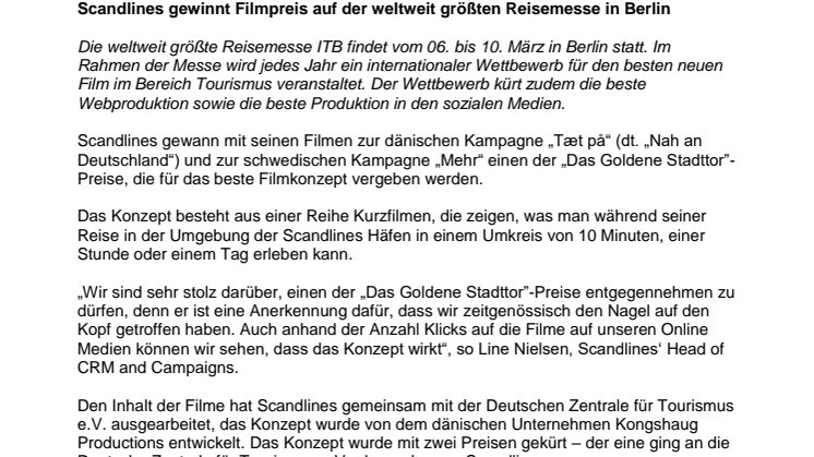 Scandlines gewinnt Filmpreis auf der weltweit größten Reisemesse in Berlin