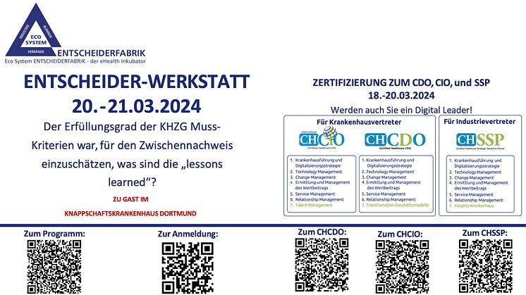 18.-21.03.2024 Entscheider-Werkstatt und Zertifizierung zum CDO, CIO und SSP im Knappschaftskrankenhaus Dortmund