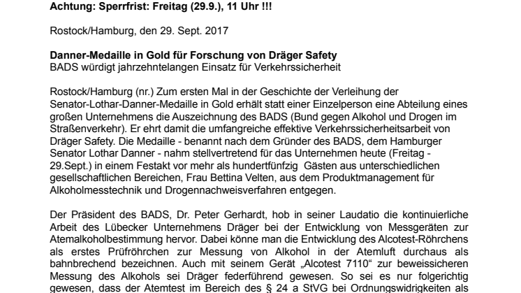  Danner-Medaille in Gold für Forschung von Dräger Safety
