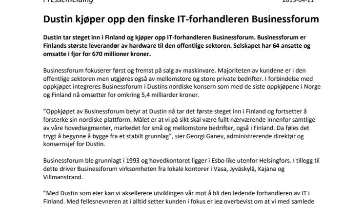 Dustin kjøper opp den finske IT-forhandleren Businessforum