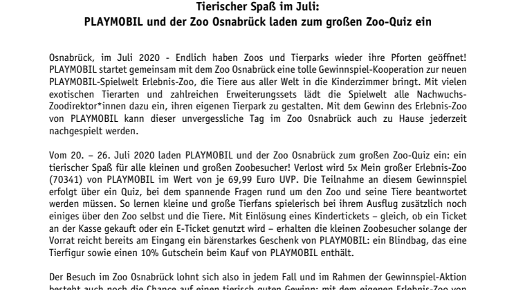Tierischer Spaß im Juli: PLAYMOBIL und der Zoo Osnabrück laden zum großen Zoo-Quiz ein