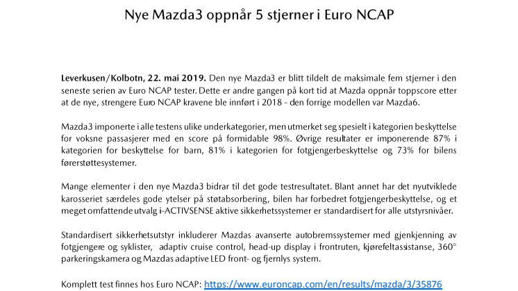 Nye Mazda3 oppnår 5 stjerner i Euro NCAP