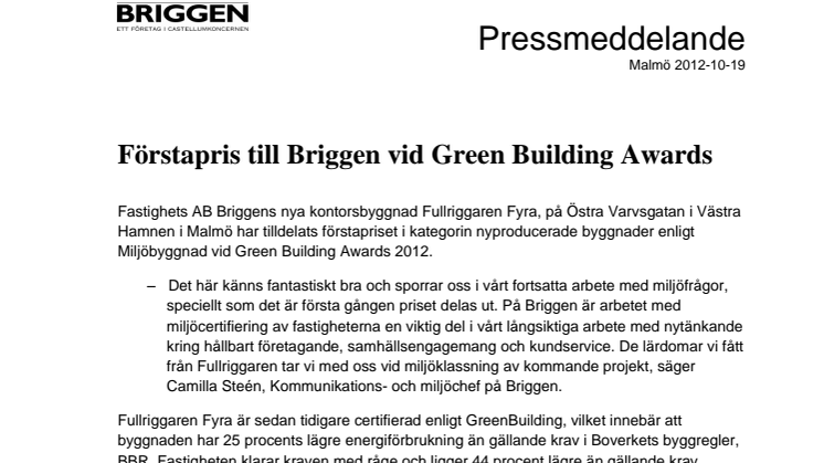 Förstapris till Briggen vid Green Building Awards