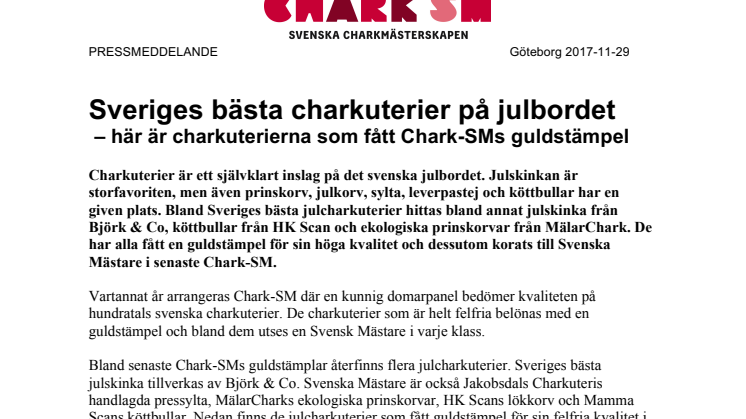 Sveriges bästa charkuterier på julbordet  – här är charkuterierna som fått Chark-SMs guldstämpel 