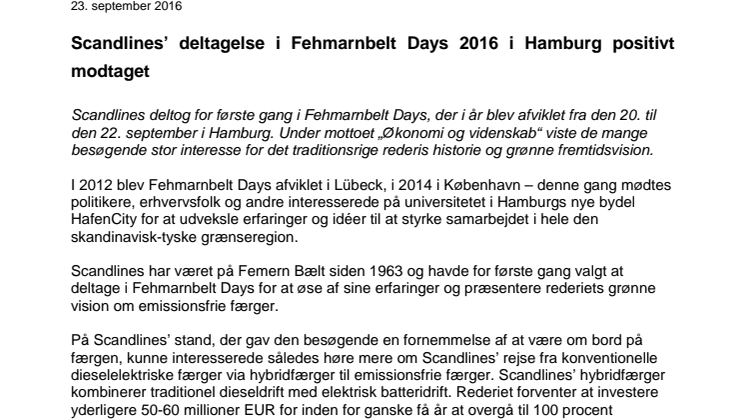 Scandlines’ deltagelse i Fehmarnbelt Days 2016 i Hamburg positivt modtaget