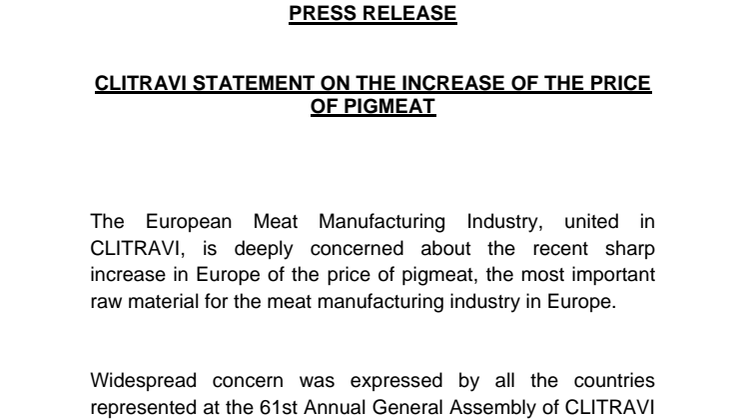 Pressrelease Clitravi: CLITRAVI STATEMENT ON THE INCREASE OF THE PRICE OF PIGMEAT