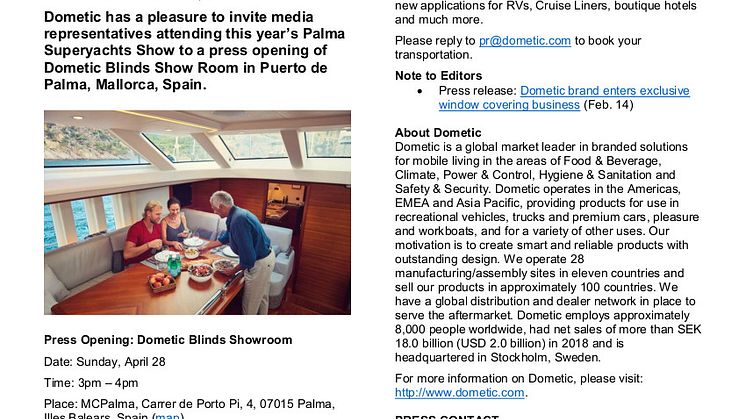 Dometic press event: Invitation to opening of Dometic Blinds Show Room in Puerto de Palma