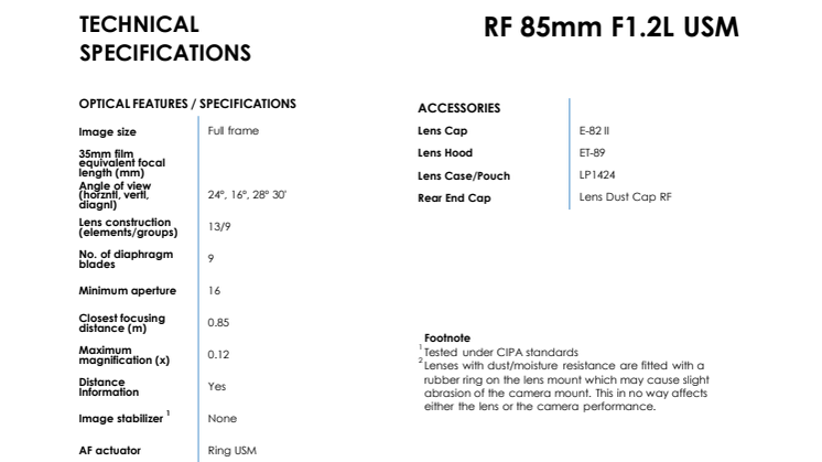 RF 85mm F1.2L USM PR Spec Sheet
