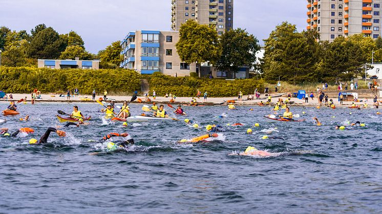 Beim Triathlon zwischen den Meeren starten die Athlet*innen auf die 1,5 km Schwimmstrecke am Strand von Kiel-Schilksee