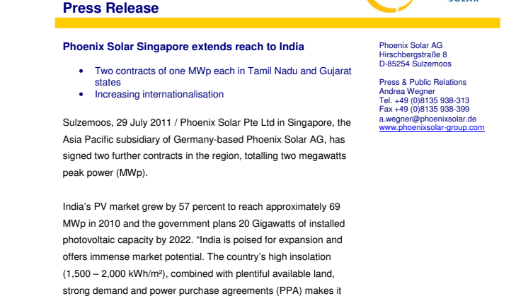 Phoenix Solar Singapore extends reach to India