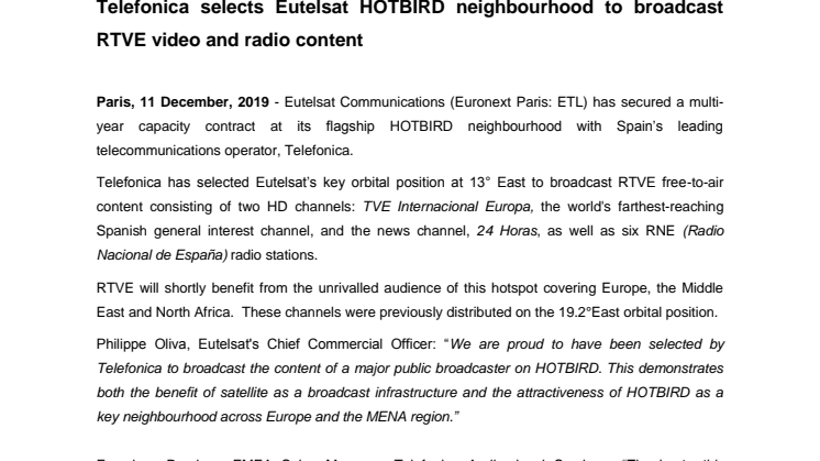 Telefonica selects Eutelsat HOTBIRD neighbourhood to broadcast RTVE video and radio content