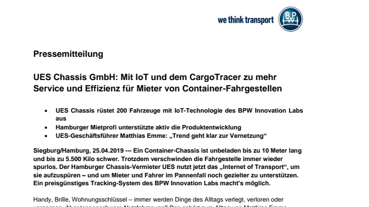 UES Chassis GmbH: Mit IoT und dem CargoTracer zu mehr Service und Effizienz für Mieter von Container-Fahrgestellen 
