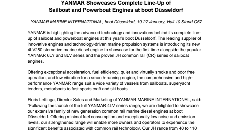 YANMAR Showcases Complete Line-Up of Sailboat and Powerboat Engines at boot Düsseldorf