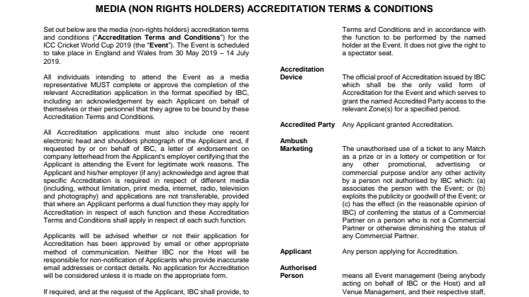 ICC CWC 2019 Non-Rights Holders Terms & Conditions