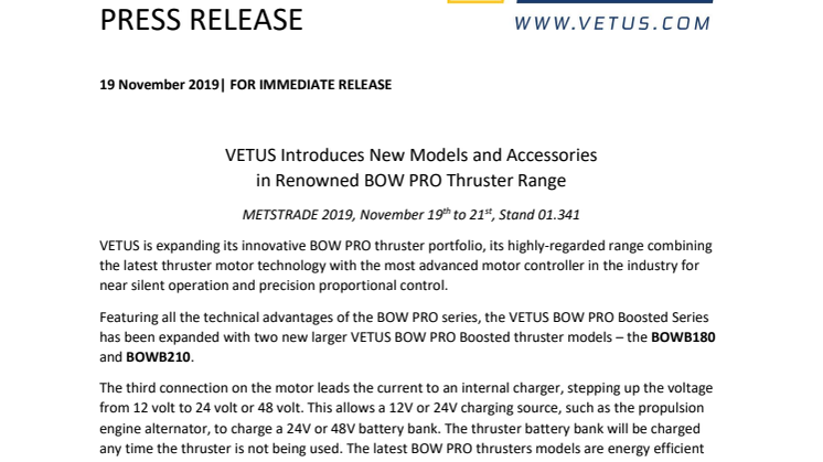 VETUS Introduces New Models and Accessories in Renowned BOW PRO Thruster Range