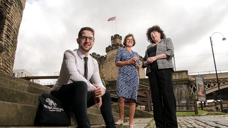 Northumbria University student Christopher Brownhill, pictured with Caroline Theobald CBE and Zélie Guérin