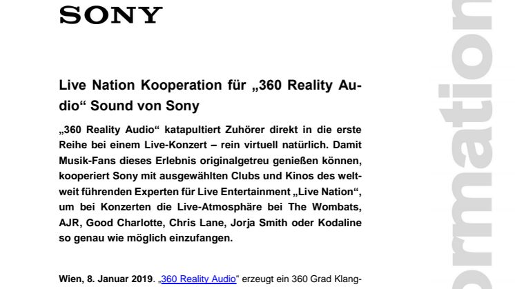 Live Nation Kooperation für „360 Reality Audio“ Sound von Sony