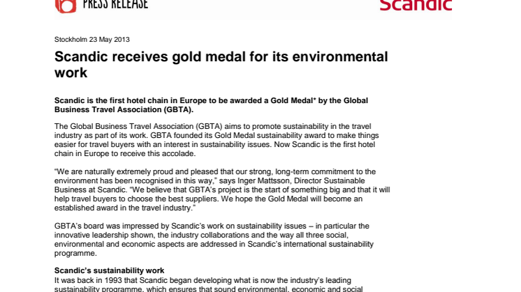 Scandic receives gold medal for its environmental work