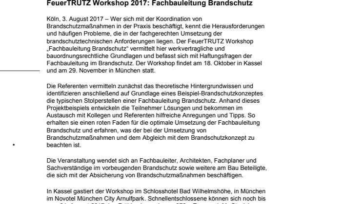 FeuerTRUTZ Workshop 2017: Fachbauleitung Brandschutz