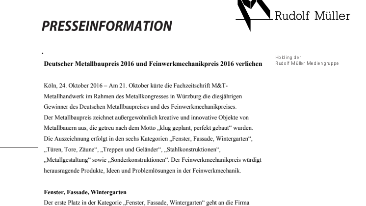 Deutscher Metallbaupreis 2016 und Feinwerkmechanikpreis 2016 verliehen